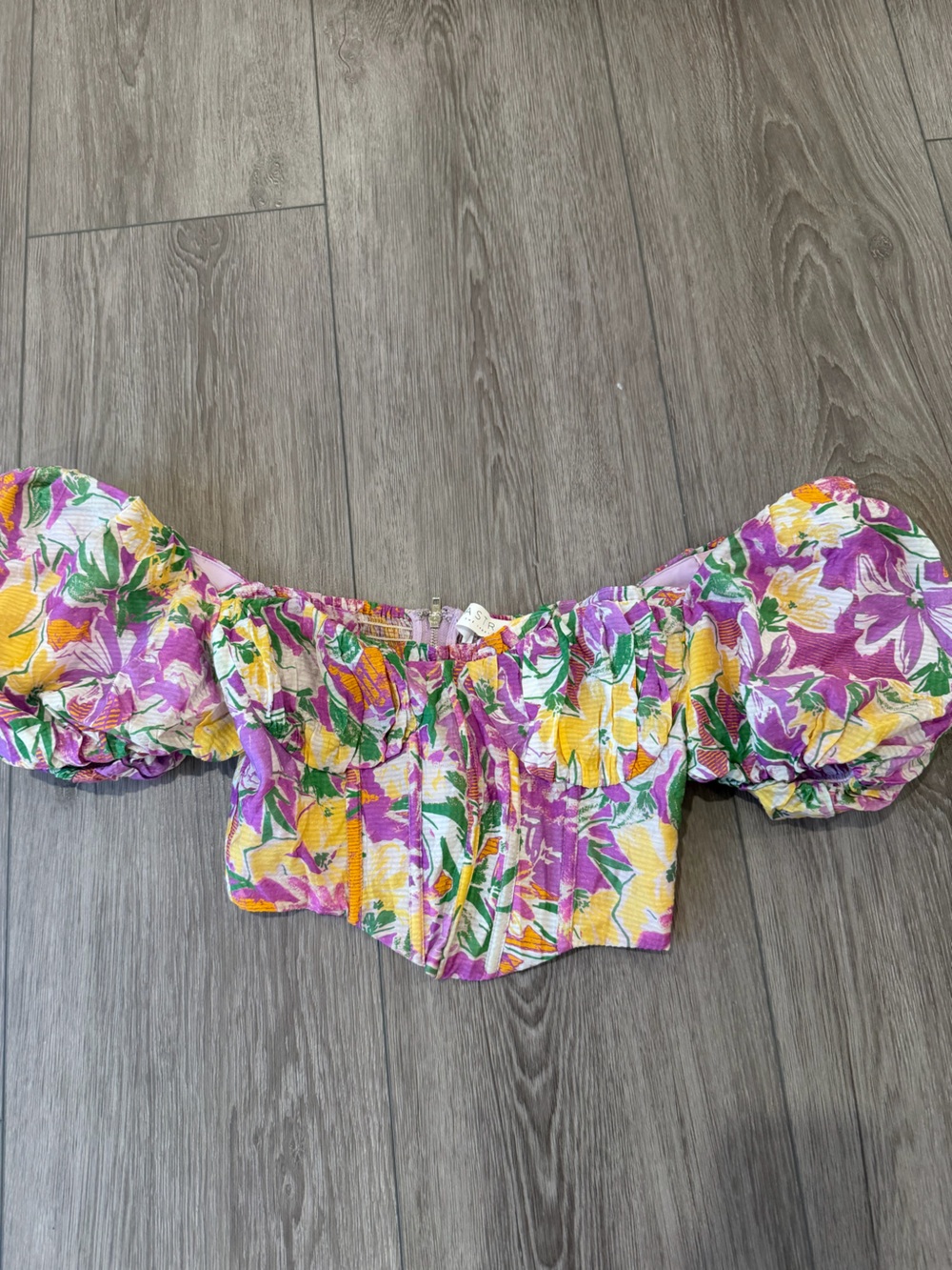 Astr Purple, Yellow & Green Floral Crop Blouse Top